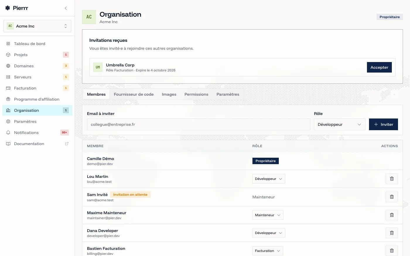 Page Organisation : membres et rôles